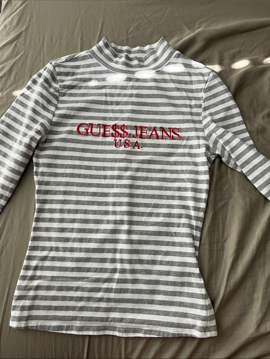 Guess Tops - Guess Gray & White Striped Mock Neck Top with Red Logo